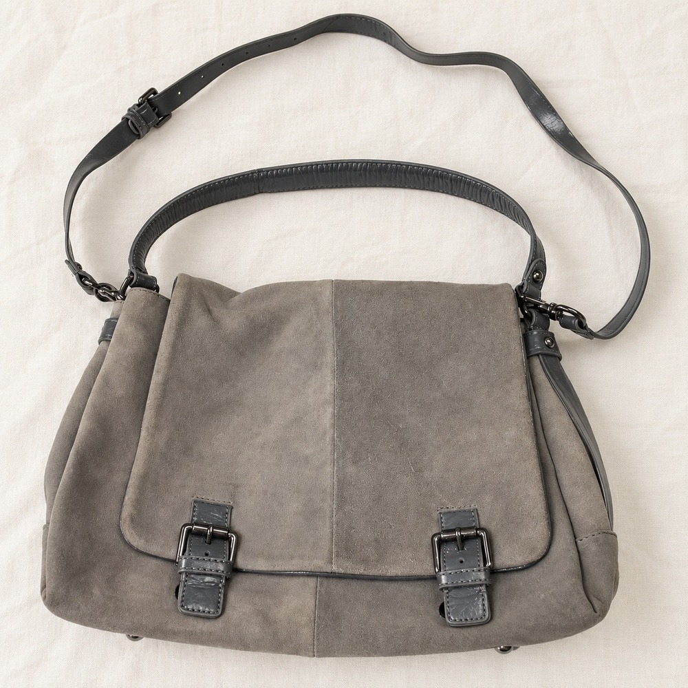 Cole Haan Grey Suede Leather Messenger Bag Satchel Crossbody Flap Buckle Large